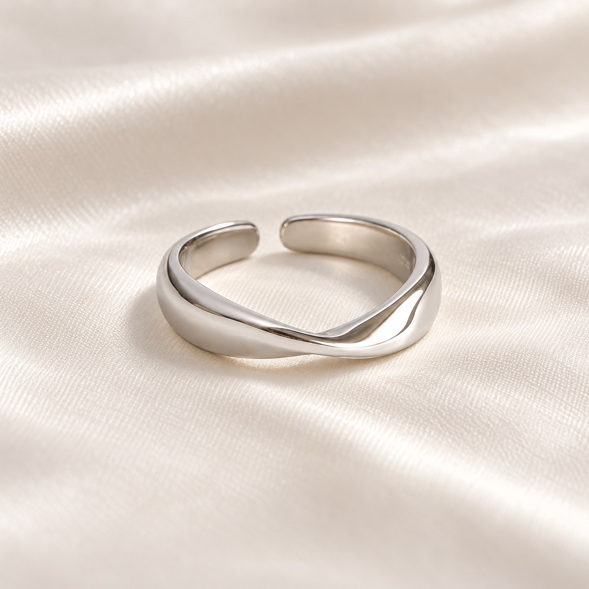sculpt silver ring on ivory silk, view 3; digital product visualisation