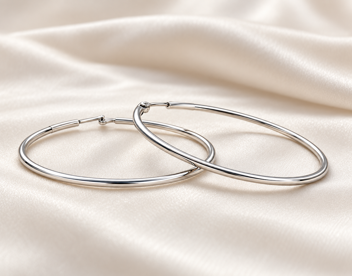 Fine sterling silver hoops, low oblique digital visualisation on ivory silk