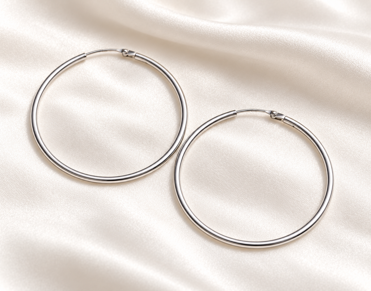Fine sterling silver hoops, overhead digital visualisation on ivory silk