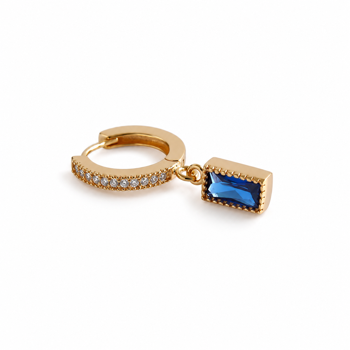 Digital studio visualisation of Champagne Gold single blue CZ drop earring on white