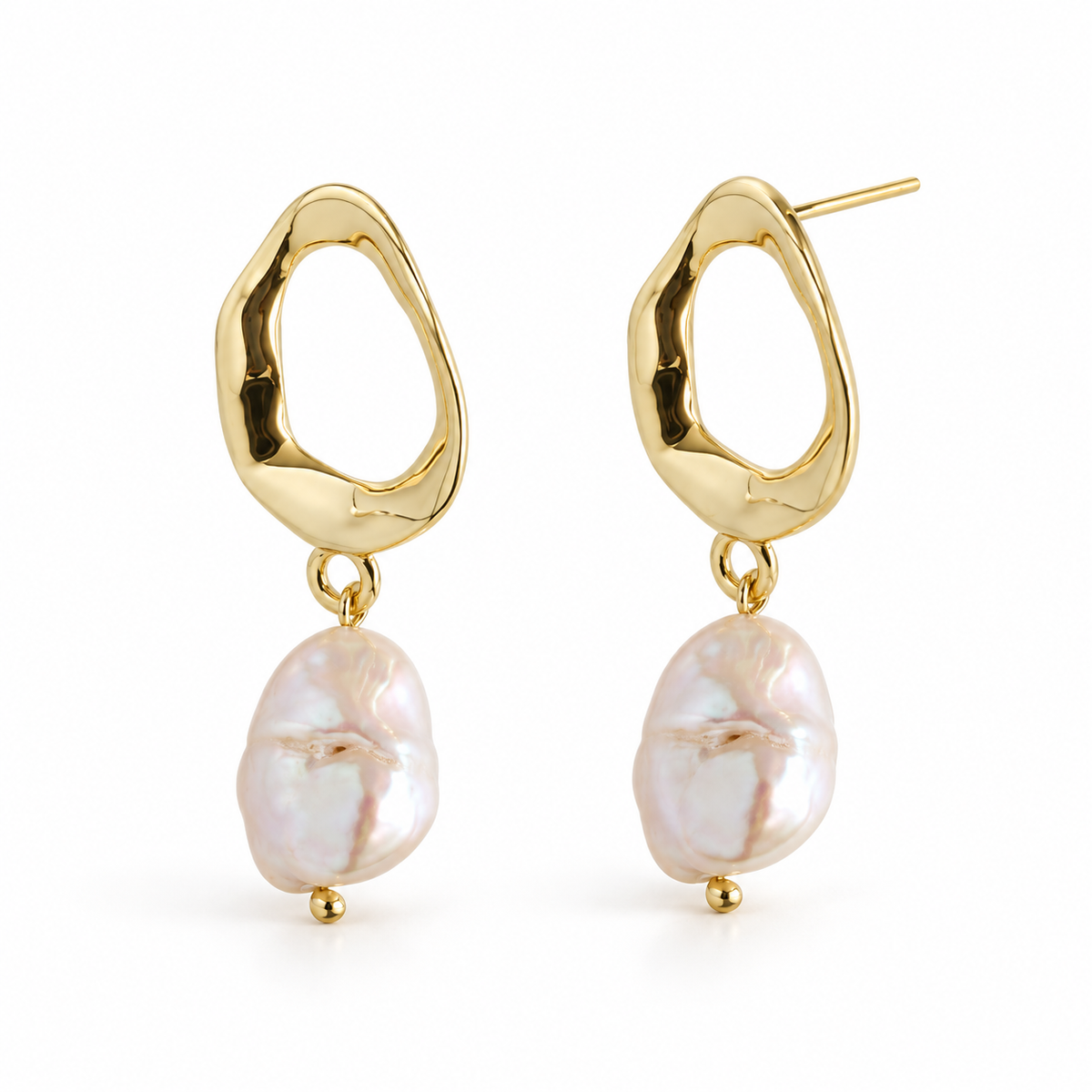 Digital visualisation of yellow gold finish natural pearl drop earring pair on white studio background