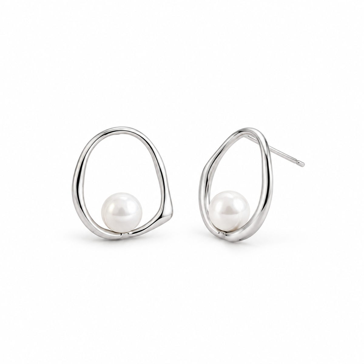 Digital product visualisation of silver oval shell pearl stud earrings on white